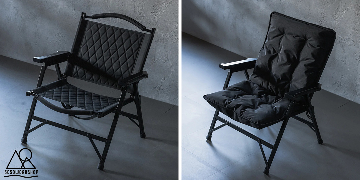 5050WORKSHOP 軽量折りたたみチェアとクッションカバーで快適に過ごせます。
