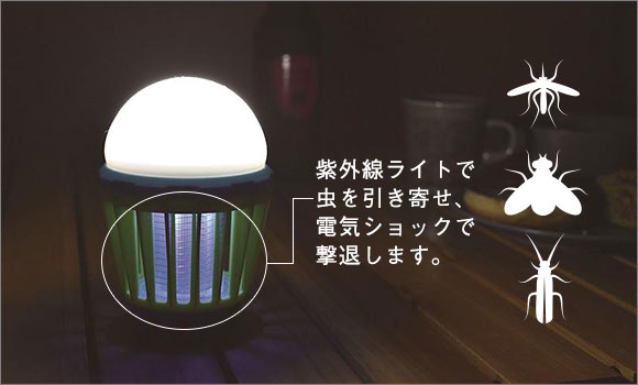 MOSKEEランタンは紫外線ライトで引き寄せ、電気ショックで虫を撃退します。